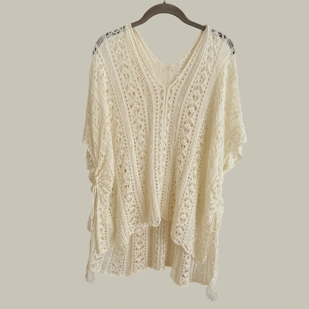 Boho Cream Crochet Knit Poncho V-Neck Sweater Beach Cover-Up One Size Coastal